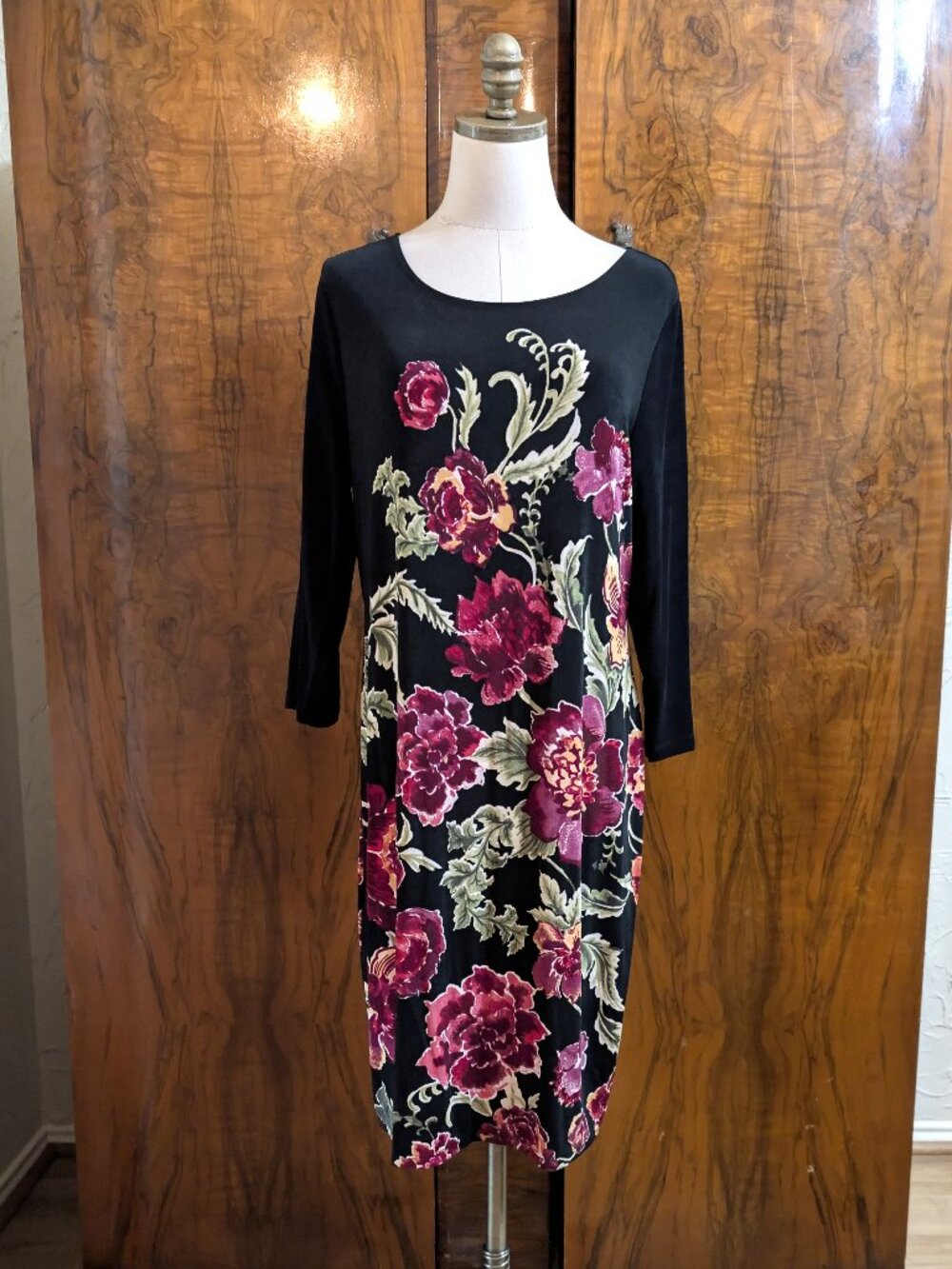 Chicos Travelers Dress L 2 Black Large Floral Print Travel Friendly Slinky